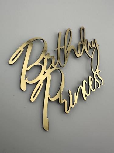  Топпер  Birthday Princess  золотий дзеркальний на торт для дівчинки напис з днем народження принцеса